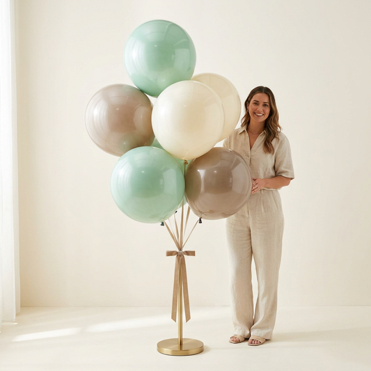 Garden Party birthday balloon bouquet in soft greens and cream next to a woman for scale — balloon delivery Spokane