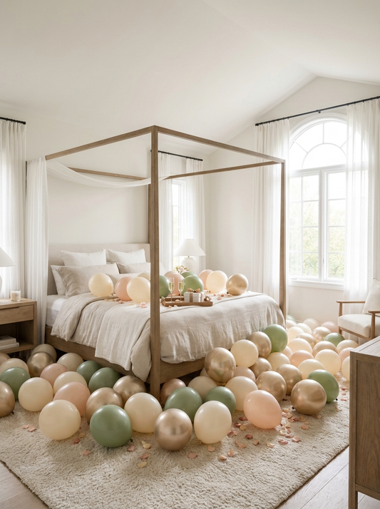 Bedroom filled with cream, blush, sage, and gold balloons