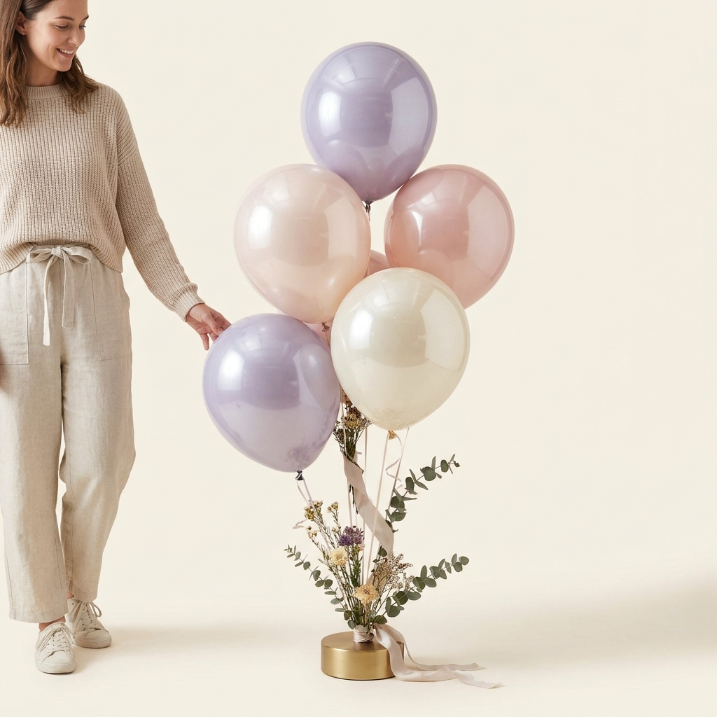 North Idaho Wildflower balloon bouquet in lavender, dusty rose, and cream next to a woman for scale — Coeur d'Alene delivery