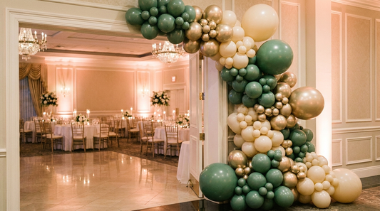 Organic balloon installation framing a hotel ballroom entrance for a charity gala in Spokane