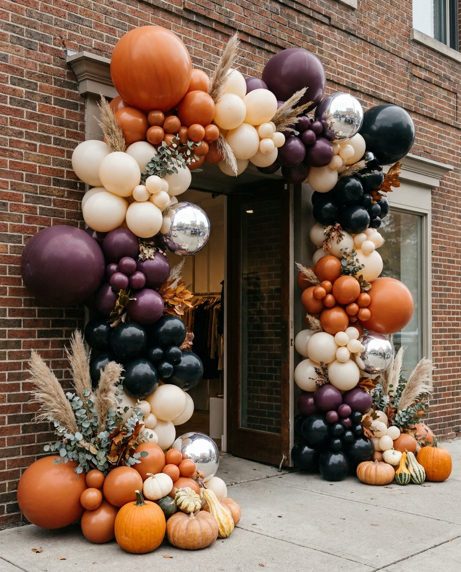 Halloween and autumn balloon garland on a Spokane storefront entrance