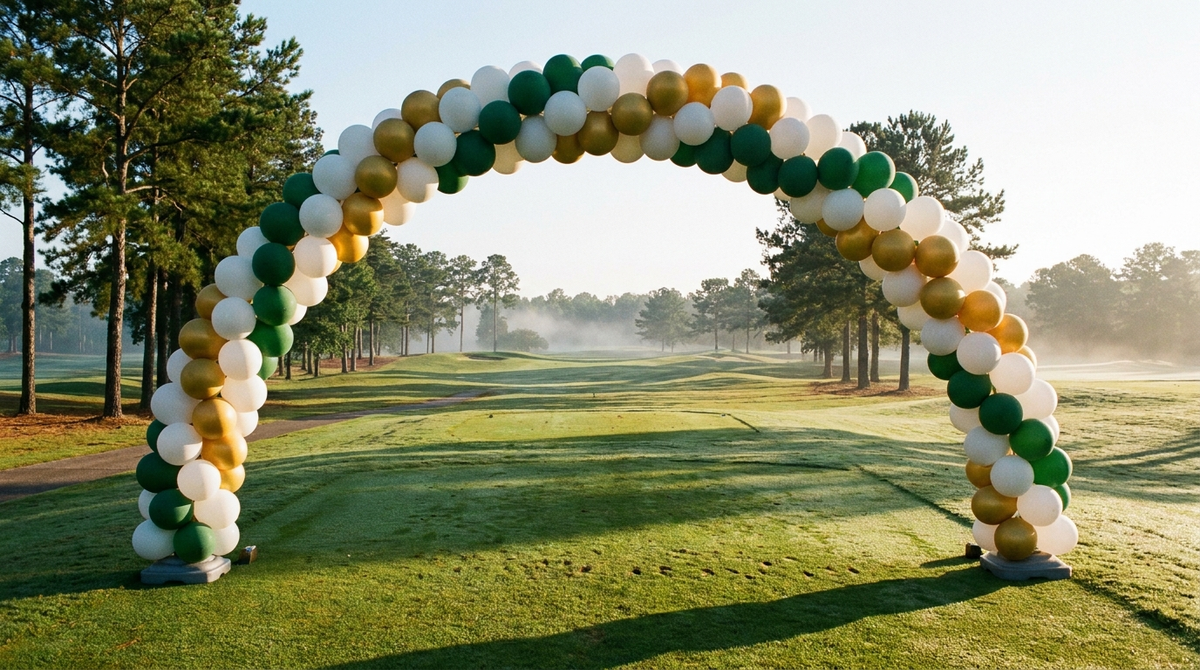 Outdoor balloon arch at a golf tournament first tee