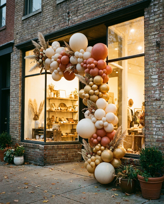 Seasonal balloon window display in a Spokane boutique storefront
