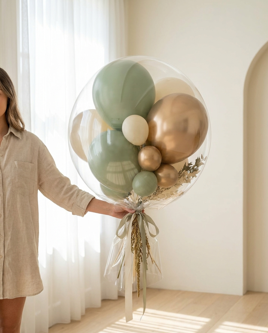 Luxury glass-finish balloon bouquet in sage, cream and gold beside a person for scale