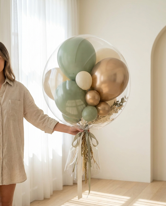 Luxury glass-finish balloon bouquet in sage, cream and gold beside a person for scale